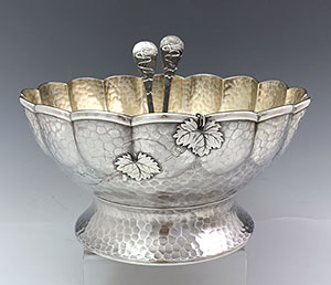 Tiffany hammered sterling salad bowl with applied bug and oak leaves